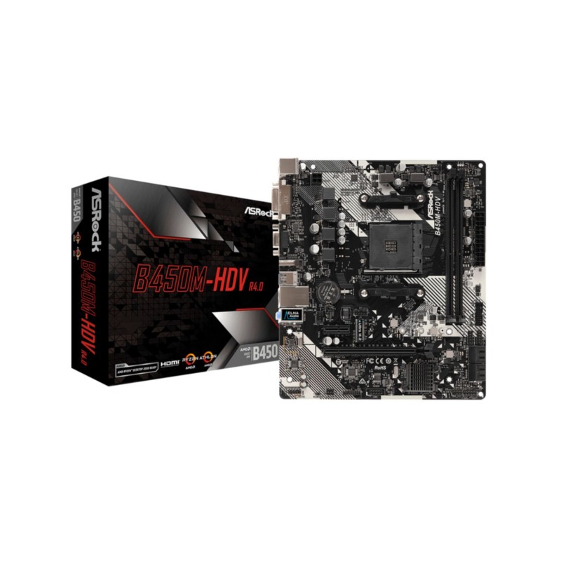 ASRock B450M-HDV R4.0 - AM4 Micro-ATX Motherboard - AMD B450, DDR4, 2x DIMM, Ultra M.2 (PCIe 3.0)