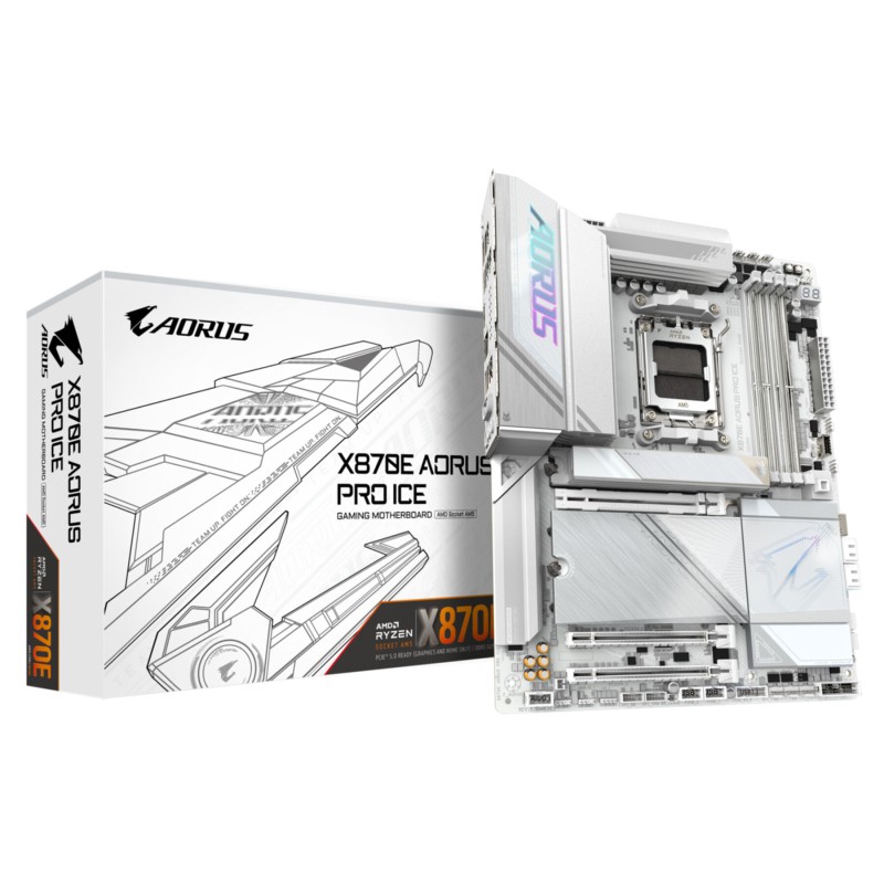 GIGABYTE AORUS GA-X870E PRO ICE - AM5 ATX Motherboard, White, DDR5 up to 256GB, PCIe 5.0, Wi-Fi 7, USB4