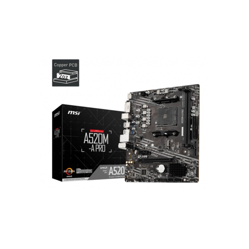 MSI A520M-A Pro - A520M-A Pro - AM4 Micro-ATX Motherboard, DDR4 up to 64GB, PCIe 3.0, HDMI & DVI, Black