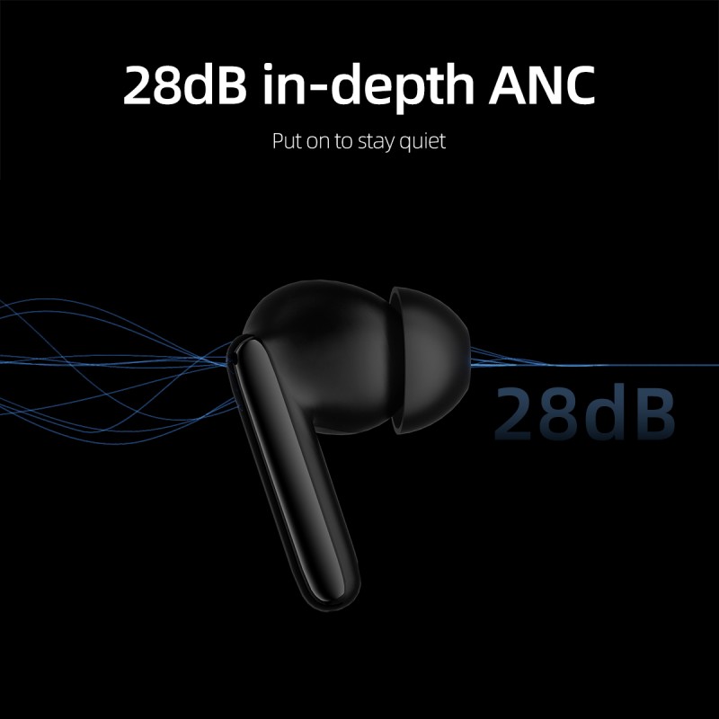 QCY T13 ANC 2 Black - TWS Earbuds with 28dB ANC, 10mm Driver, BT 5.3, 30h Playtime (Black, 10mm, ANC)