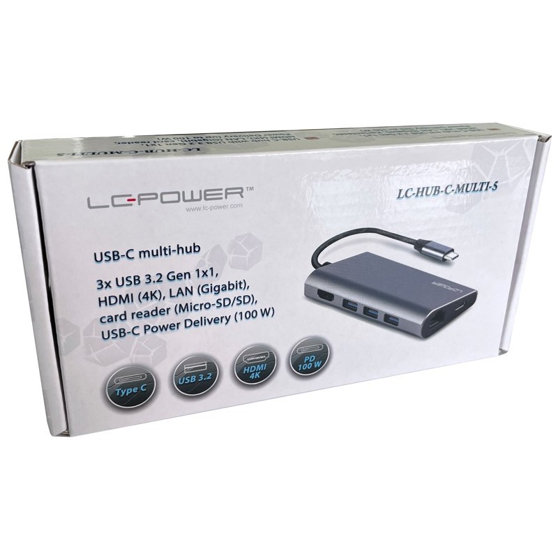 LC-Power Hub - LC-HUB-C-MULTI-5 - USB-C to 3x USB-A, USB-C, HDMI, MicroSD, SD, LAN — Buy in Cyprus with Fast Delivery
