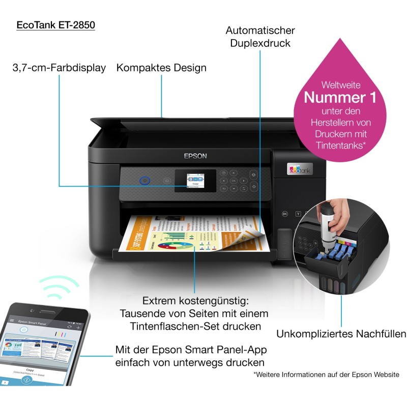 Epson EcoTank Inkjet Printer - ET-2850 - 3in1 A4 Wi-Fi Duplex — Buy in Cyprus with Fast Delivery