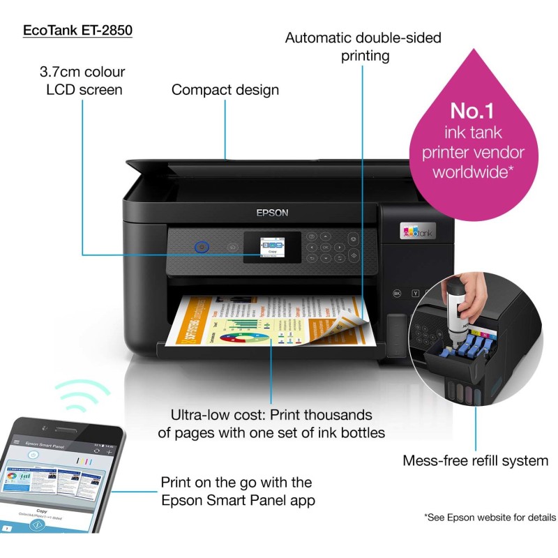 Epson EcoTank Inkjet Printer - ET-2850 - 3in1 A4 Wi-Fi Duplex — Buy in Cyprus with Fast Delivery