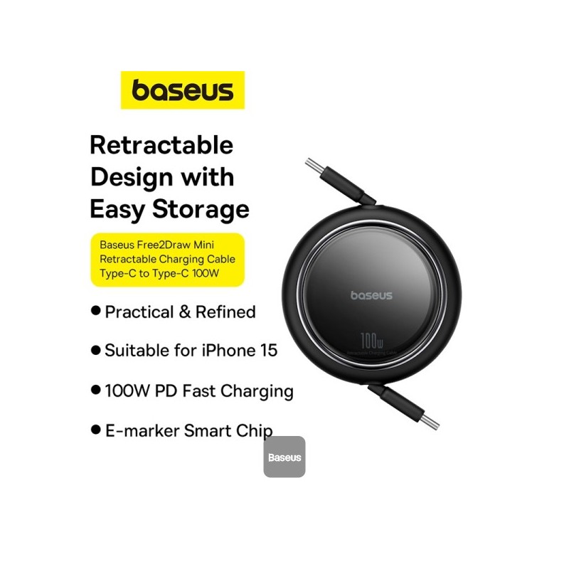 Baseus Cable USB-C to USB-C Pathfinder Retractable Cable - 100W 1m Black — Buy in Cyprus with Fast Delivery