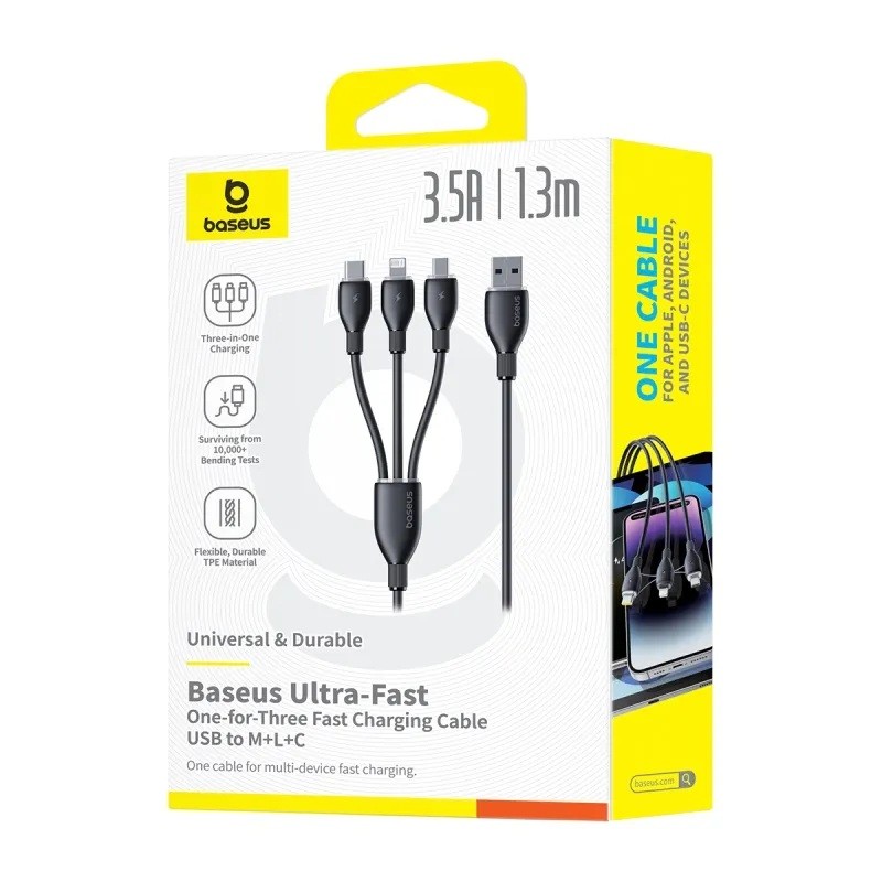 Baseus Cable 3in1 USB-C Micro Ligh Ultra Fast Series - 1.3m - Black — Buy in Cyprus with Fast Delivery