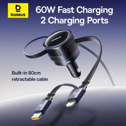 Baseus Car Charger 60W Enjoyment with Retractable Cables (C+C) Black - 60W, Retractable Cables, Black