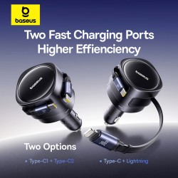 Baseus Car Charger 60W Enjoyment with Retractable Cables (C+C) Black - 60W, Retractable Cables, Black