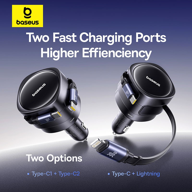 Baseus Car Charger 60W Enjoyment with Retractable Cables (C+C) Black - 60W, Retractable Cables, Black