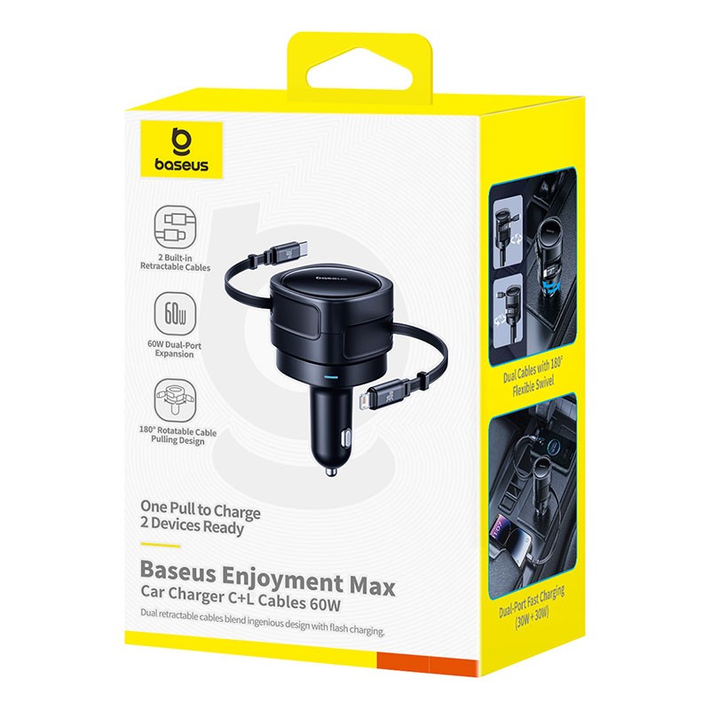 Baseus Car Charger 60W Enjoyment with Retractable Cables (C+C) Black - 60W, Retractable Cables, Black