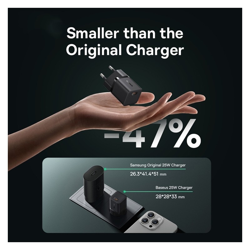 Baseus Charger Wall 25W USB-C - GAN5 Mini - EU Black — Buy in Cyprus with Fast Delivery