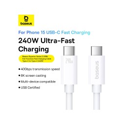Baseus Cable USB-C to USB-C Superior Series 2 USB4 240W 1m White - USB-C to USB-C, Superior Series 2, USB4, 240W, 1m, White