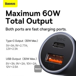 Baseus Golden Contactor Max Car Charger - U+C 60W Dark Gray — Buy in Cyprus with Fast Delivery