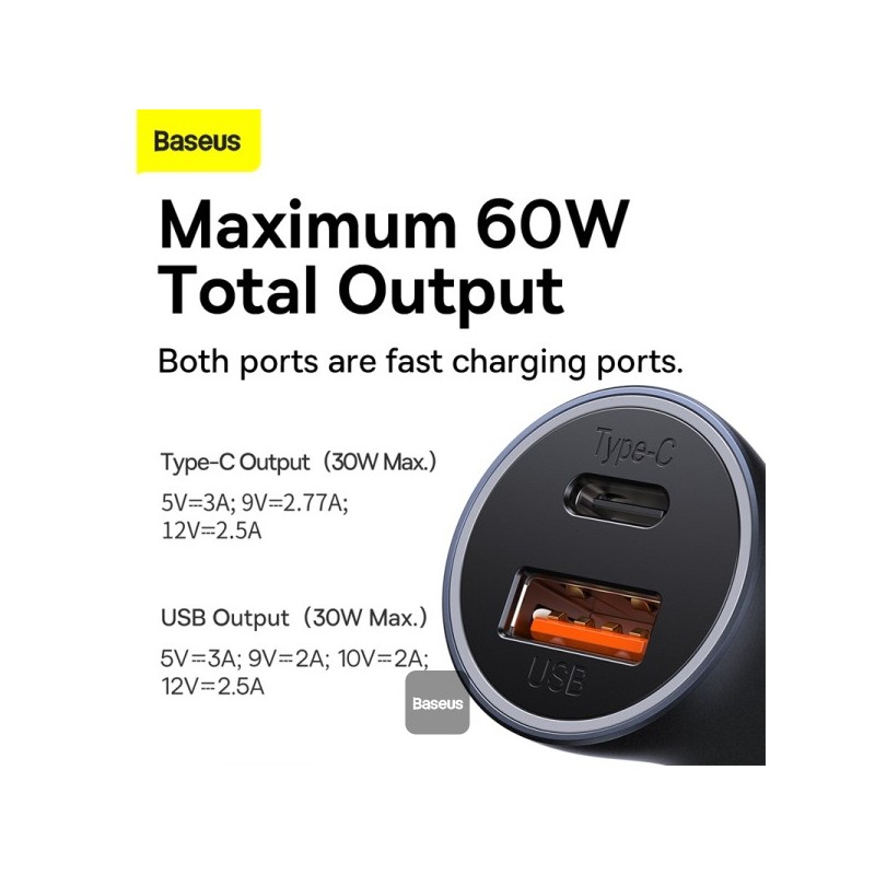 Baseus Golden Contactor Max Car Charger - U+C 60W Dark Gray — Buy in Cyprus with Fast Delivery