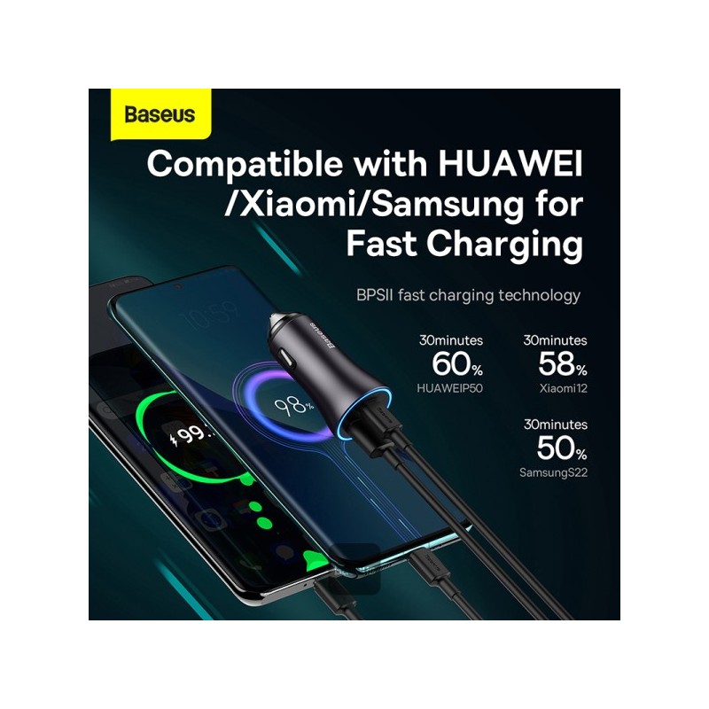 Baseus Golden Contactor Max Car Charger - U+C 60W Dark Gray — Buy in Cyprus with Fast Delivery