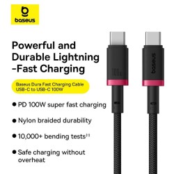 Baseus Cable - USB-C to USB-C, Dura Braided, 2.0m, 100W, Black+Red — Buy in Cyprus with Fast Delivery