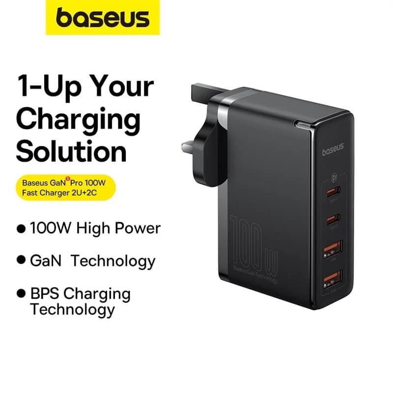 Baseus Charger Wall - 100W 2xUSB-C 2xUSB-A UK+100W USB-C Cable Black — Buy in Cyprus with Fast Delivery