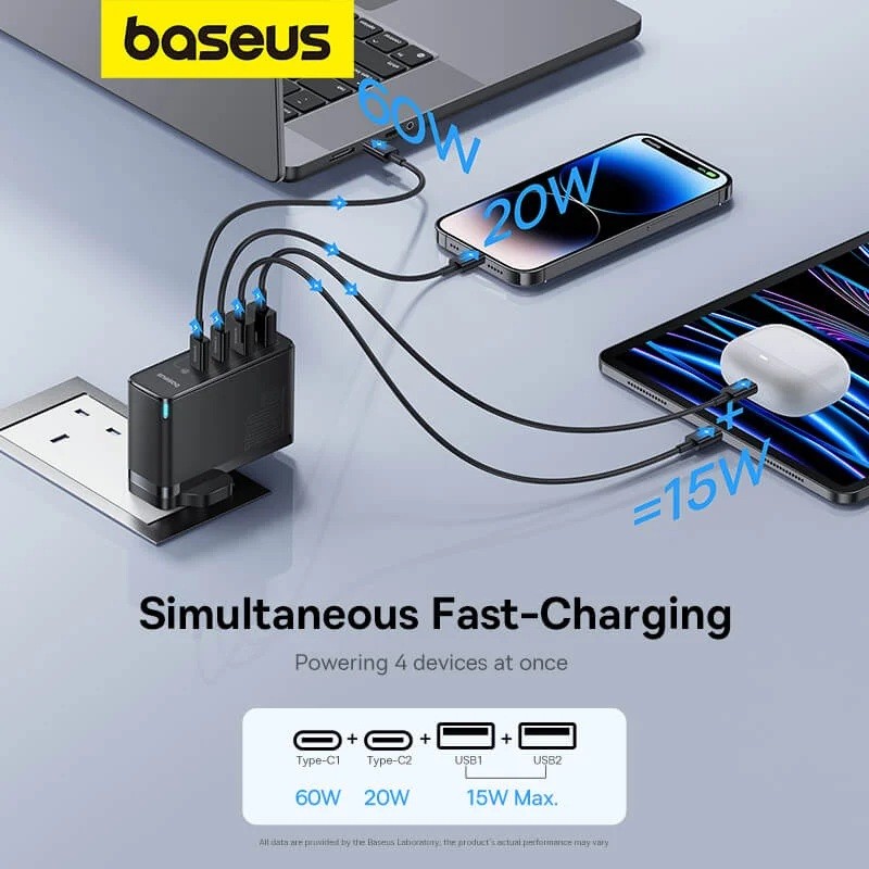 Baseus Charger Wall - 100W 2xUSB-C 2xUSB-A UK+100W USB-C Cable Black — Buy in Cyprus with Fast Delivery