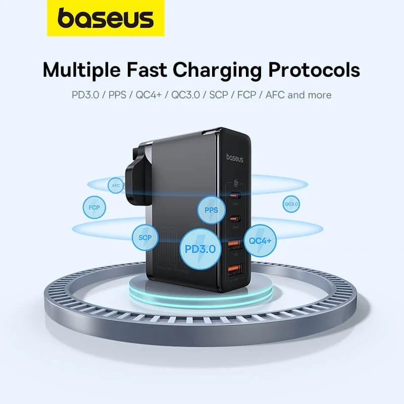 Baseus Charger Wall - 100W 2xUSB-C 2xUSB-A UK+100W USB-C Cable Black — Buy in Cyprus with Fast Delivery