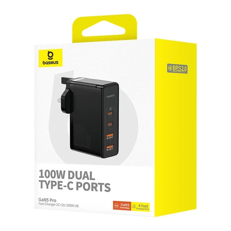 Baseus Charger Wall - 100W 2xUSB-C 2xUSB-A UK+100W USB-C Cable Black — Buy in Cyprus with Fast Delivery