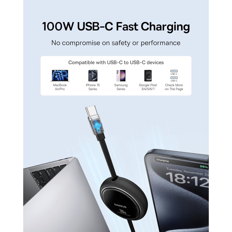 Baseus Cable USB-C to USB-C Free2Draw Retractable Cable 100W 1m Black - USB-C to USB-C, Free2Draw Retractable, 100W, 1m, Black