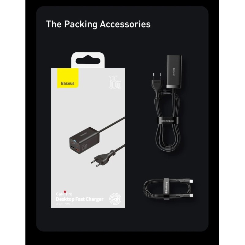 Baseus Charger Desktop - 65W 2C+2U EU+100W USB-C Cable Black — Buy in Cyprus with Fast Delivery