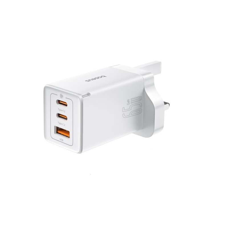 Baseus Charger Wall 65W USB-Cx2 USB-A UK+100W USB-C Cable White - 65W, USB-Cx2, USB-A, UK plug, White
