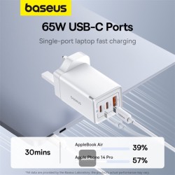Baseus Charger Wall 65W USB-Cx2 USB-A UK+100W USB-C Cable White - 65W, USB-Cx2, USB-A, UK plug, White