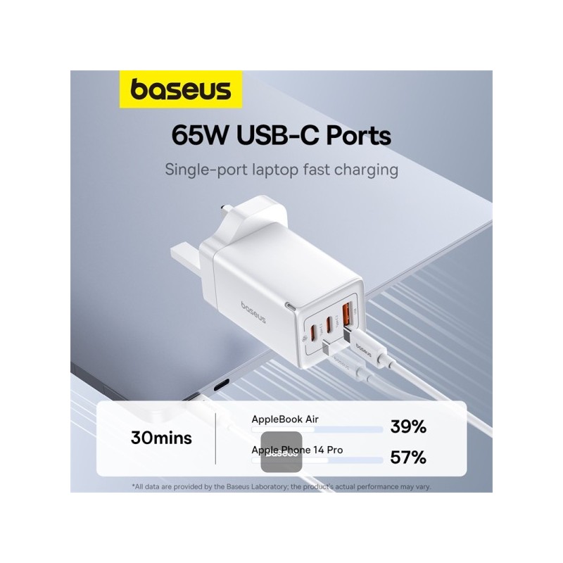 Baseus Charger Wall 65W USB-Cx2 USB-A UK+100W USB-C Cable White - 65W, USB-Cx2, USB-A, UK plug, White