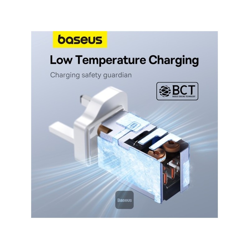 Baseus Charger Wall 65W USB-Cx2 USB-A UK+100W USB-C Cable White - 65W, USB-Cx2, USB-A, UK plug, White