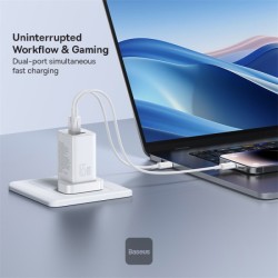 Baseus Charger Wall 65W USB-Cx2 USB-A UK+100W USB-C Cable White - 65W, USB-Cx2, USB-A, UK plug, White