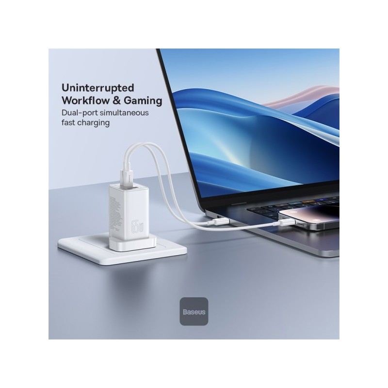 Baseus Charger Wall 65W USB-Cx2 USB-A UK+100W USB-C Cable White - 65W, USB-Cx2, USB-A, UK plug, White