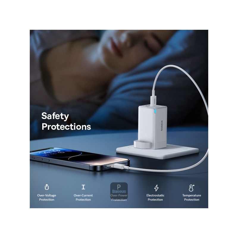 Baseus Charger Wall 65W USB-Cx2 USB-A UK+100W USB-C Cable White - 65W, USB-Cx2, USB-A, UK plug, White