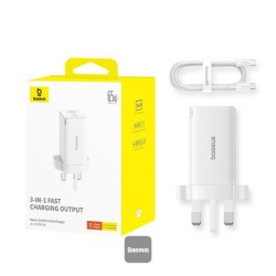 Baseus Charger Wall 65W USB-Cx2 USB-A UK+100W USB-C Cable White - 65W, USB-Cx2, USB-A, UK plug, White