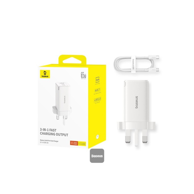 Baseus Charger Wall 65W USB-Cx2 USB-A UK+100W USB-C Cable White - 65W, USB-Cx2, USB-A, UK plug, White