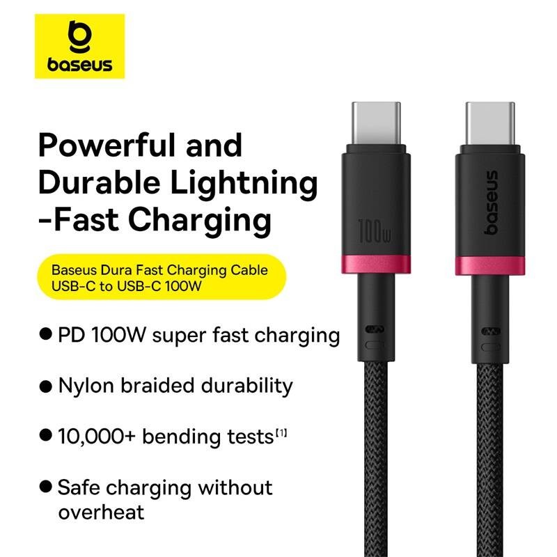 Baseus Cable USB-C to USB-C Dura Braided - 1.0m 100W Black+Red — Buy in Cyprus with Fast Delivery