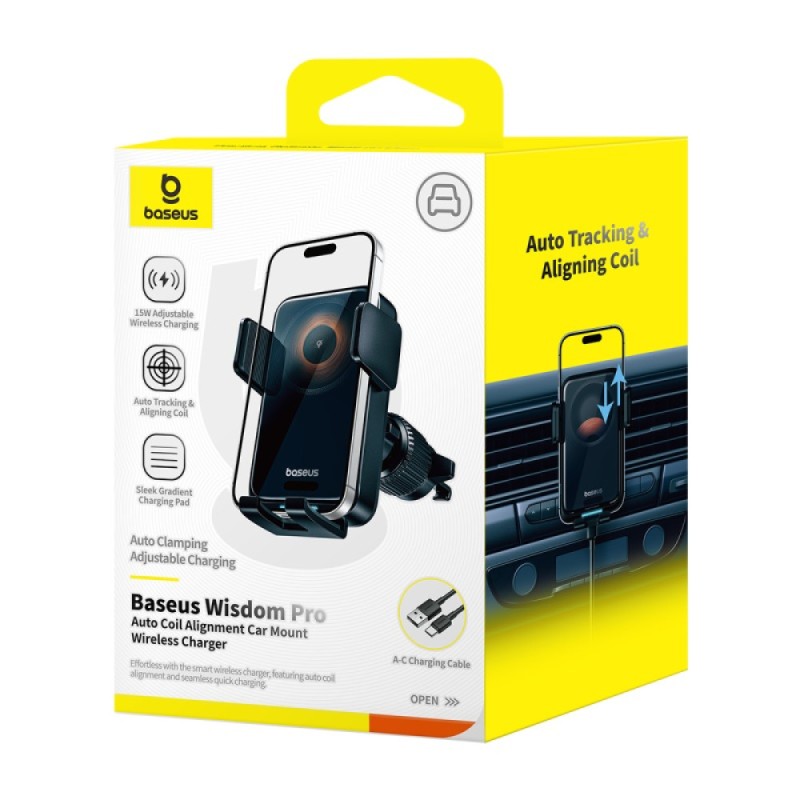 Baseus Car Charger - Wireless AirVent Wisdom Pro Auto Coil Alignment 15W Black — Buy in Cyprus with Fast Delivery