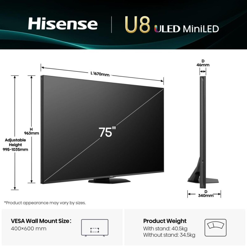 Hisense 75'' 4K Smart QLED MINI LED 144hz TV - 75U8Q - 75'' 4K Smart QLED MINI LED 144hz TV — Buy in Cyprus with Fast Delivery