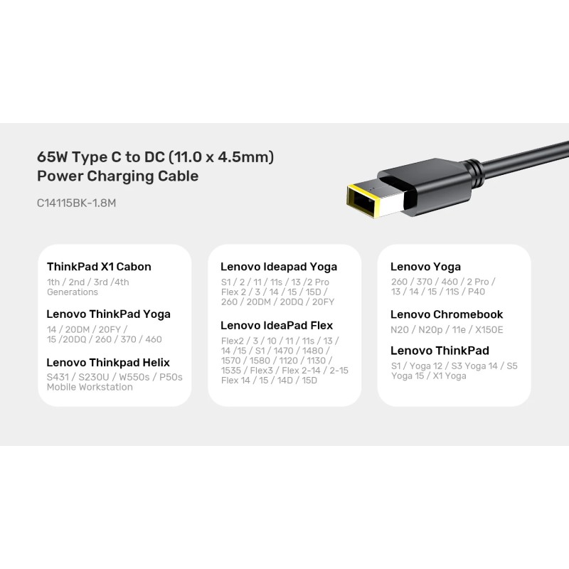 Unitek UCL USB-C to DC Cable - C14115BK - 1.8m 65W for Lenovo 11x4.5mm — Buy in Cyprus with Fast Delivery