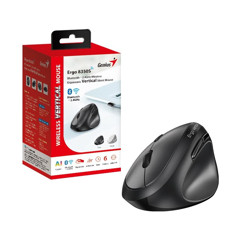 Genius Mouse Ergonomic Wireless+BT Vertical Silent AI - 8350S - Dark Gray — Buy in Cyprus with Fast Delivery