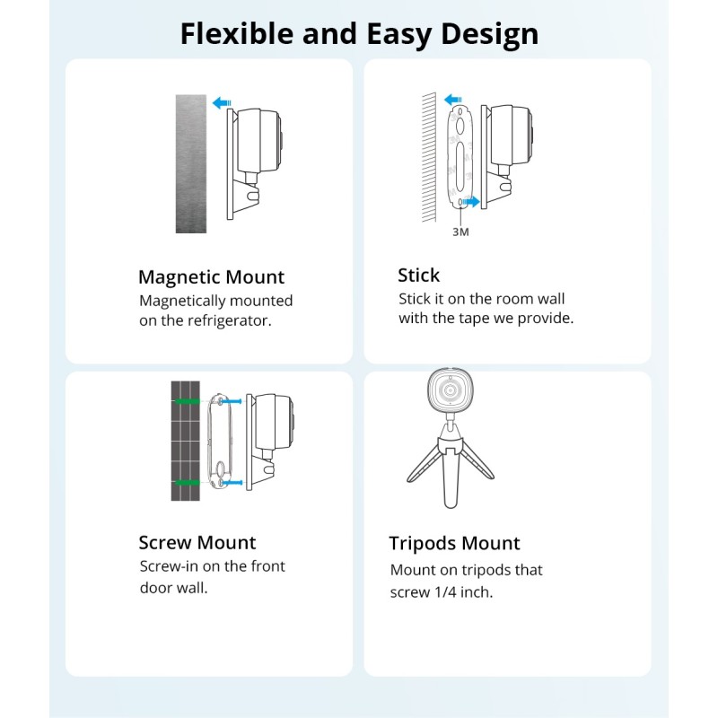 Sonoff Smart WiFi IP Security Camera - CAM-Slim - includes 4 mounting methods: magnetic, stick, tripod and screw-in