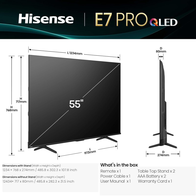 Hisense TV - 55E7Q PRO - 55'' 4K Smart QLED TV 144 Hz — Buy in Cyprus with Fast Delivery
