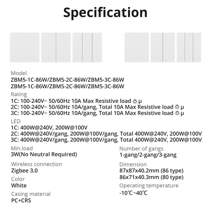 Sonoff Zigbee WiFi Smart Wall Mechanical Switch (No neutral) 1-Button White - M5 - No neutral, 1-Button White