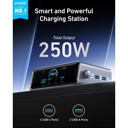 Anker Prime 250W USB C Charger - Ultra-Fast 6-Port GaN Charging Station, 2.26' LCD Display and Smart Control Dial Black