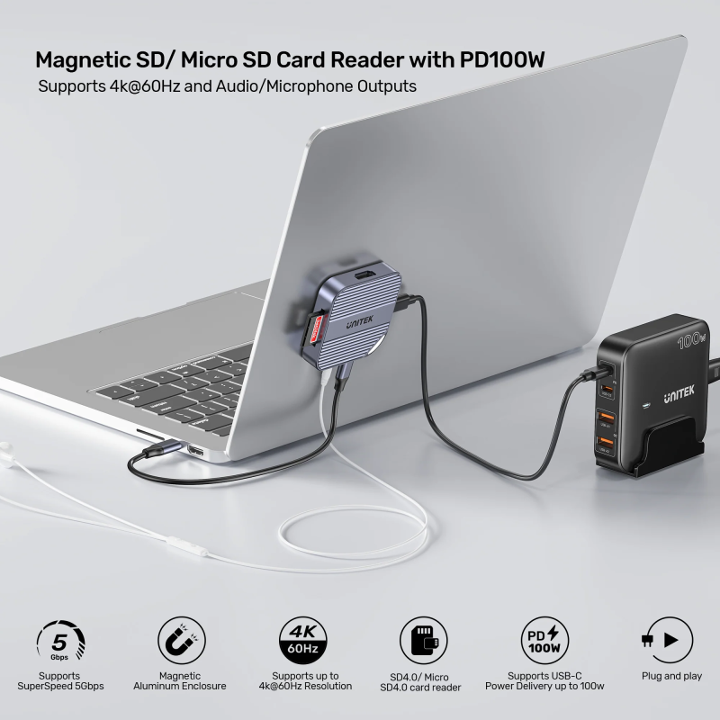Unitek Card Reader Magnetic - S1244C - PD100W + 4K60Hz + Audio Microphone — Buy in Cyprus with Fast Delivery