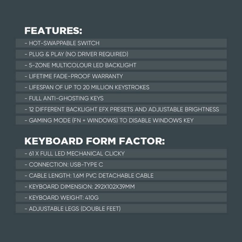 Armaggeddon Black Mechanical Gaming Keyboard - MKA-1C NEX - 61 Clicky Blue Keys — Buy in Cyprus with Fast Delivery