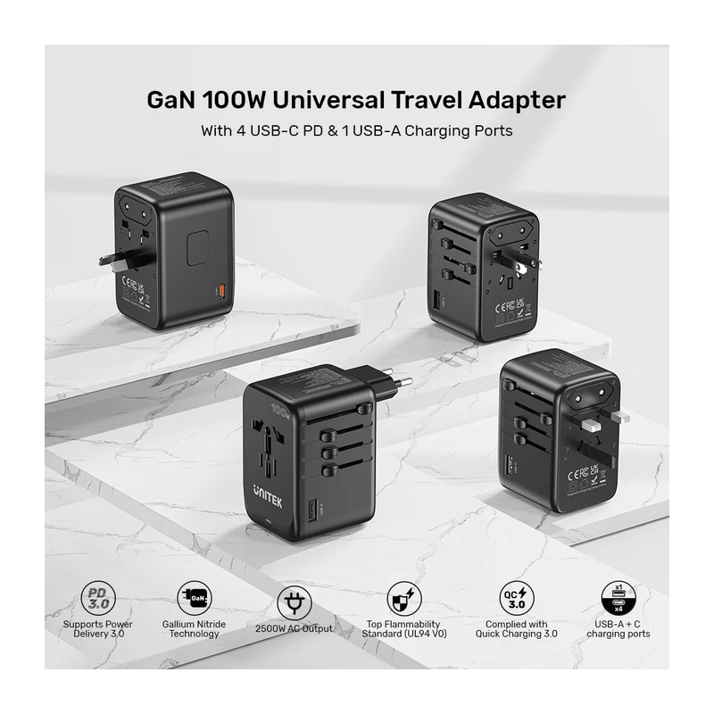 Unitek World Travel Adapter & 100W Charger - P1123A - EU UK US 4x USB-C + 1x USB-A — Buy in Cyprus with Fast Delivery