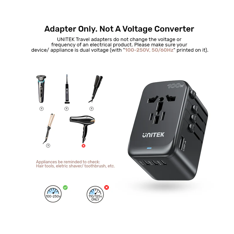 Unitek World Travel Adapter & 100W Charger - P1123A - EU UK US 4x USB-C + 1x USB-A — Buy in Cyprus with Fast Delivery