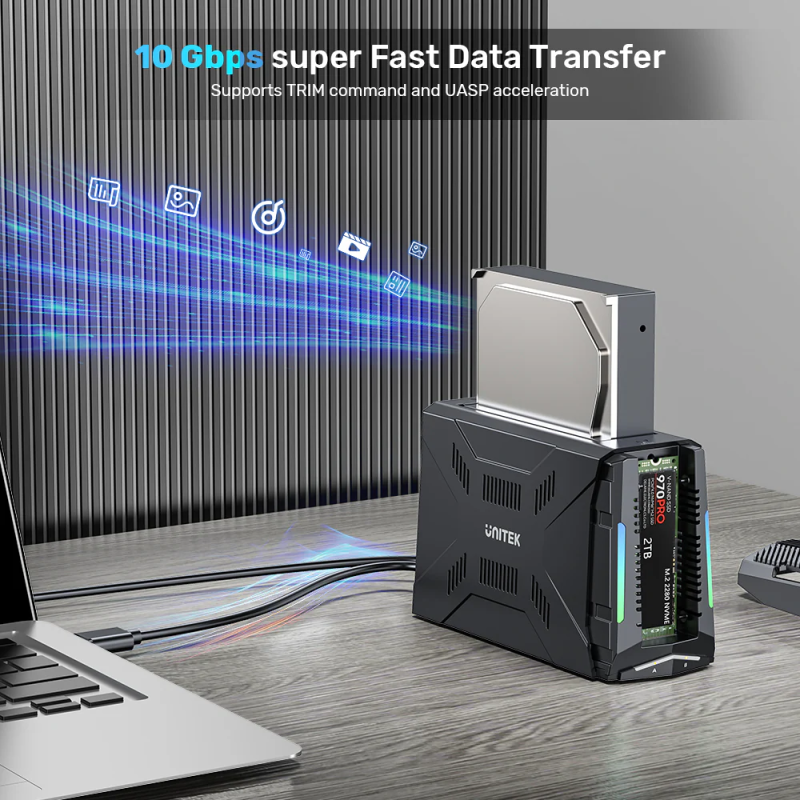 Unitek USB-C NVME PCIe SATA HDD Docking Station - S1234B - USB-C NVME PCIe SATA HDD 10Gbps RGB