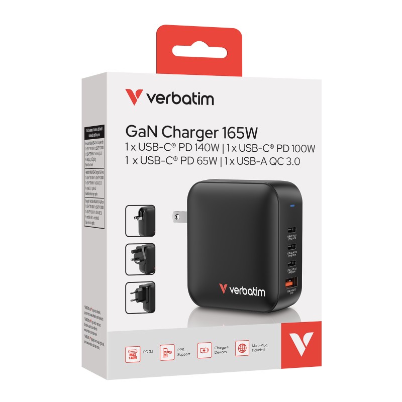 Verbatim Charger Wall - GNC-140 - 165W Mini GaN 3xUSBC 1xUSBA — Buy in Cyprus with Fast Delivery