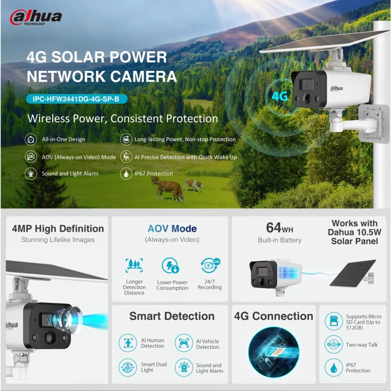 Dahua IP 4.0MP 4G 3.6mm Solar Power Network PT Camera - HFW244IDG-4G-SP-B-0360B - Network PT Camera